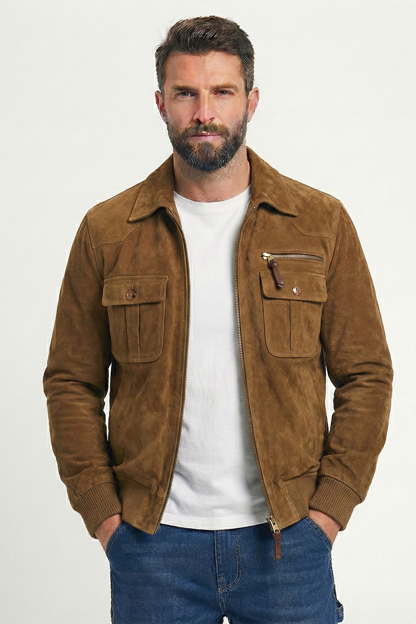 Men's Retro Lapel Zipper Breast Pocket Suede Jacket | ZENDA