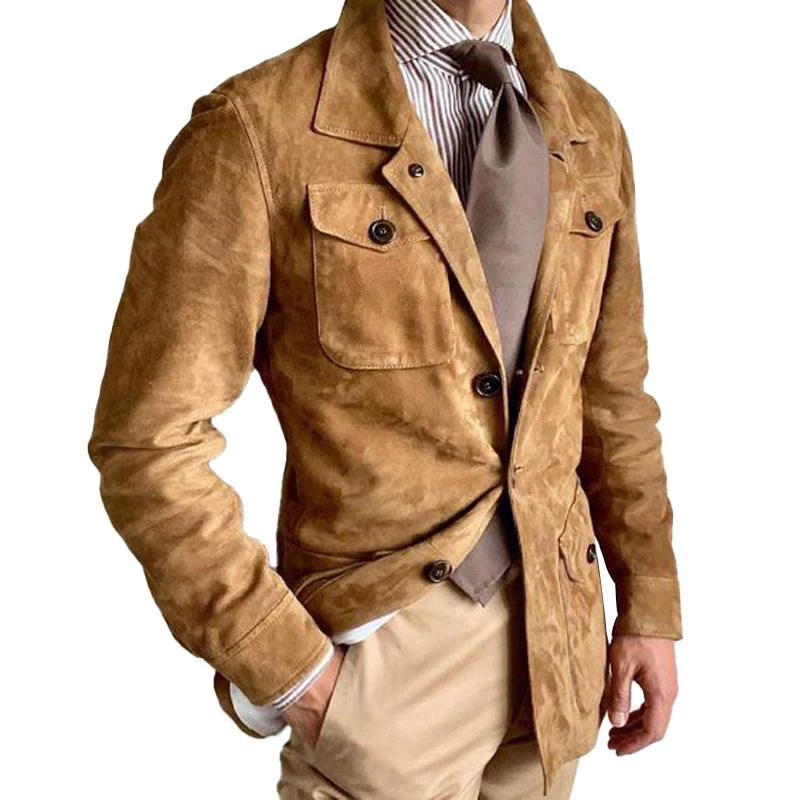 Men's Vintage Solid Suede Lapel Multi-Pocket Jacket | ZENDA