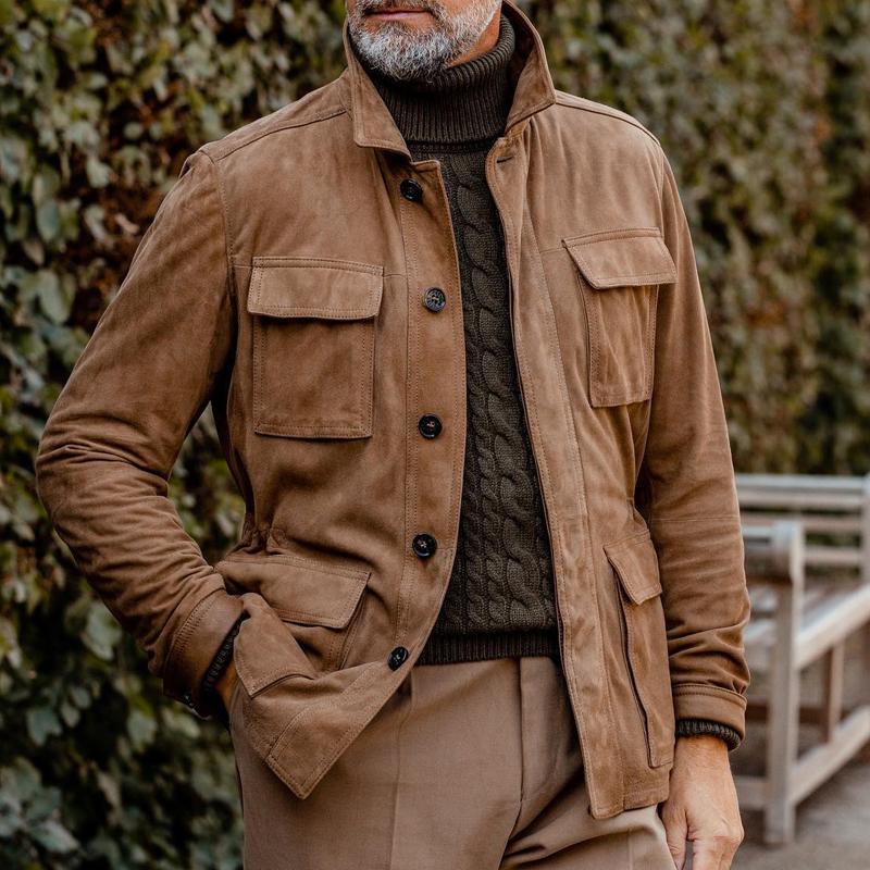 Men's Vintage Lapel Multi Pocket Solid Suede Jacket | ZENDA