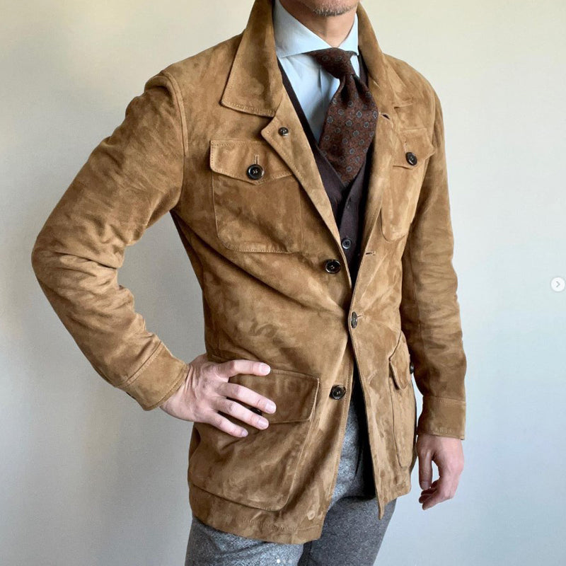 Men's Vintage Solid Suede Lapel Multi-Pocket Jacket | ZENDA