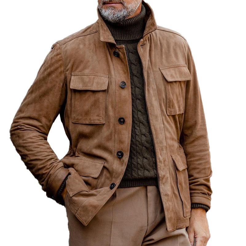 Men's Vintage Lapel Multi Pocket Solid Suede Jacket | ZENDA