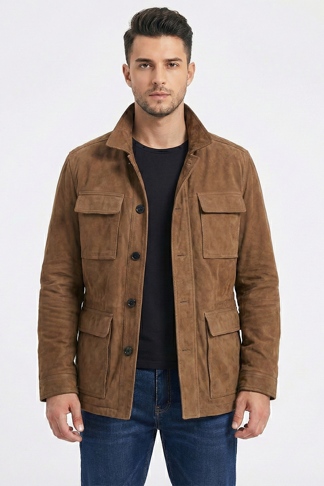 Men's Vintage Lapel Multi Pocket Solid Suede Jacket | ZENDA
