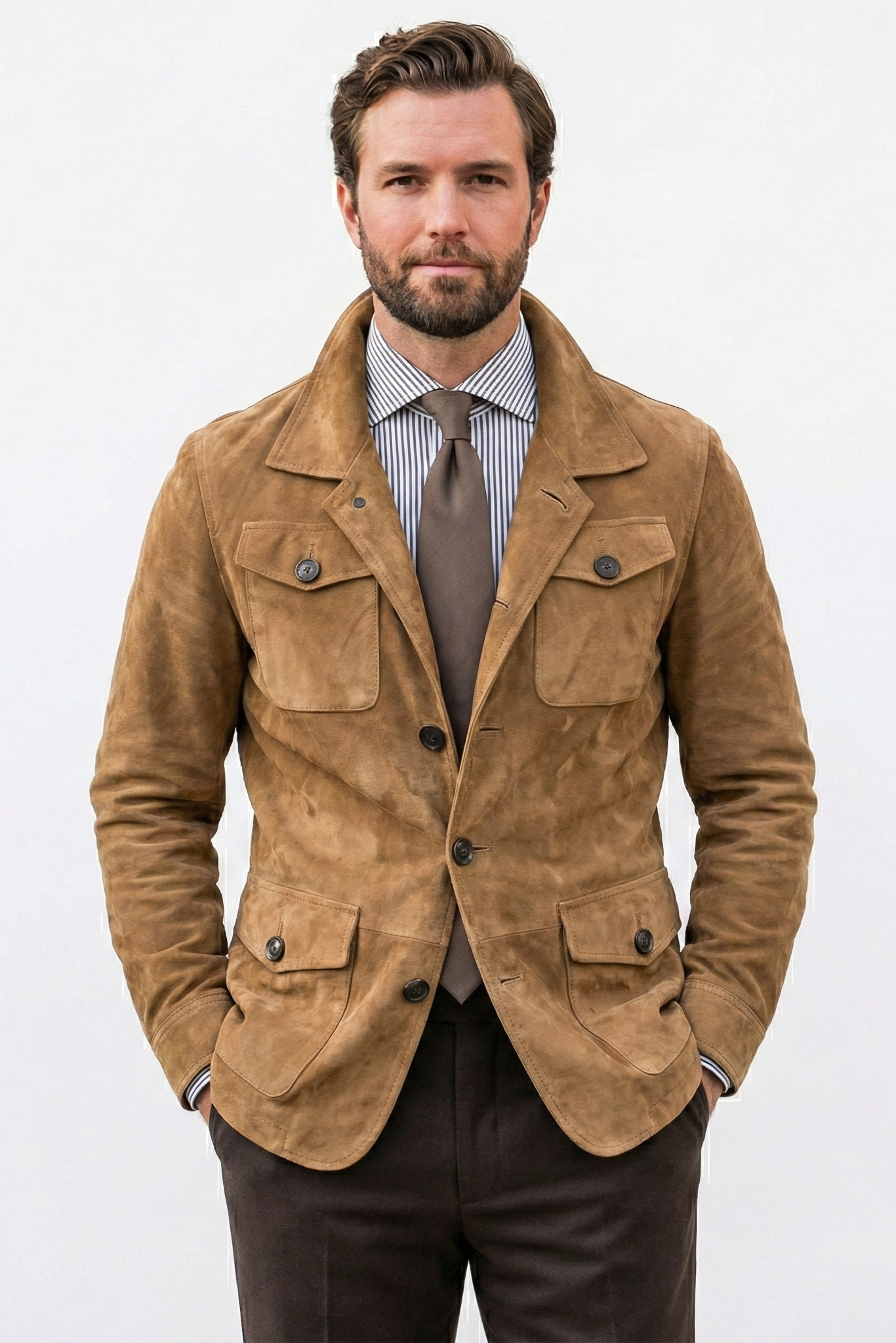 Men's Vintage Solid Suede Lapel Multi-Pocket Jacket | ZENDA