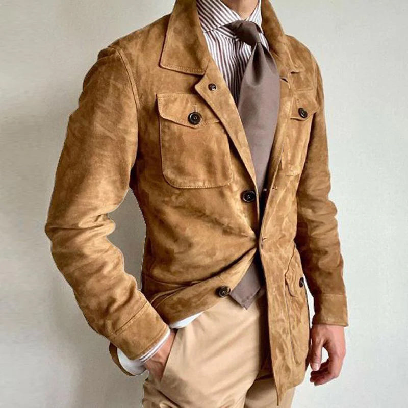 Men's Vintage Solid Suede Lapel Multi-Pocket Jacket | ZENDA