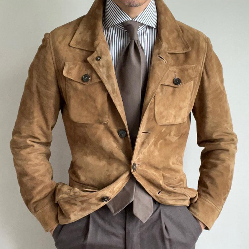 Men's Vintage Solid Suede Lapel Multi-Pocket Jacket | ZENDA